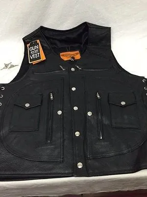 MEN'S MOTORCYCLE 12 POCKET LEATHER VEST W/SIDE LACES & 2 GUN POCKETS COW SKIN