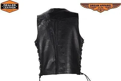 MEN'S MOTORCYCLE 12 POCKET LEATHER VEST W/SIDE LACES & 2 GUN POCKETS COW SKIN