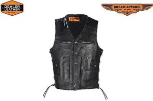 MEN'S MOTORCYCLE 12 POCKET LEATHER VEST W/SIDE LACES & 2 GUN POCKETS COW SKIN
