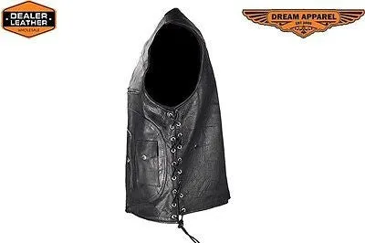 MEN'S MOTORCYCLE 12 POCKET LEATHER VEST W/SIDE LACES & 2 GUN POCKETS COW SKIN
