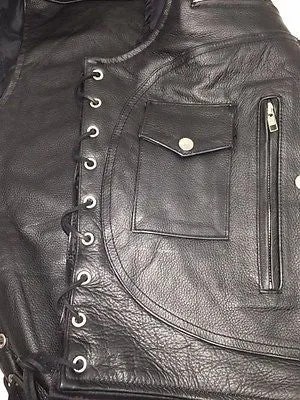MEN'S MOTORCYCLE 12 POCKET LEATHER VEST W/SIDE LACES & 2 GUN POCKETS COW SKIN