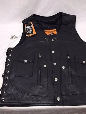 MEN'S MOTORCYCLE 12 POCKET LEATHER VEST W/SIDE LACES & 2 GUN POCKETS COW SKIN