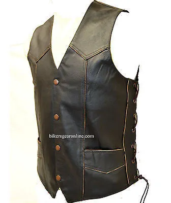 Men's Motorcycle Brn Retro Side Lace Live to ride Leather Vest
