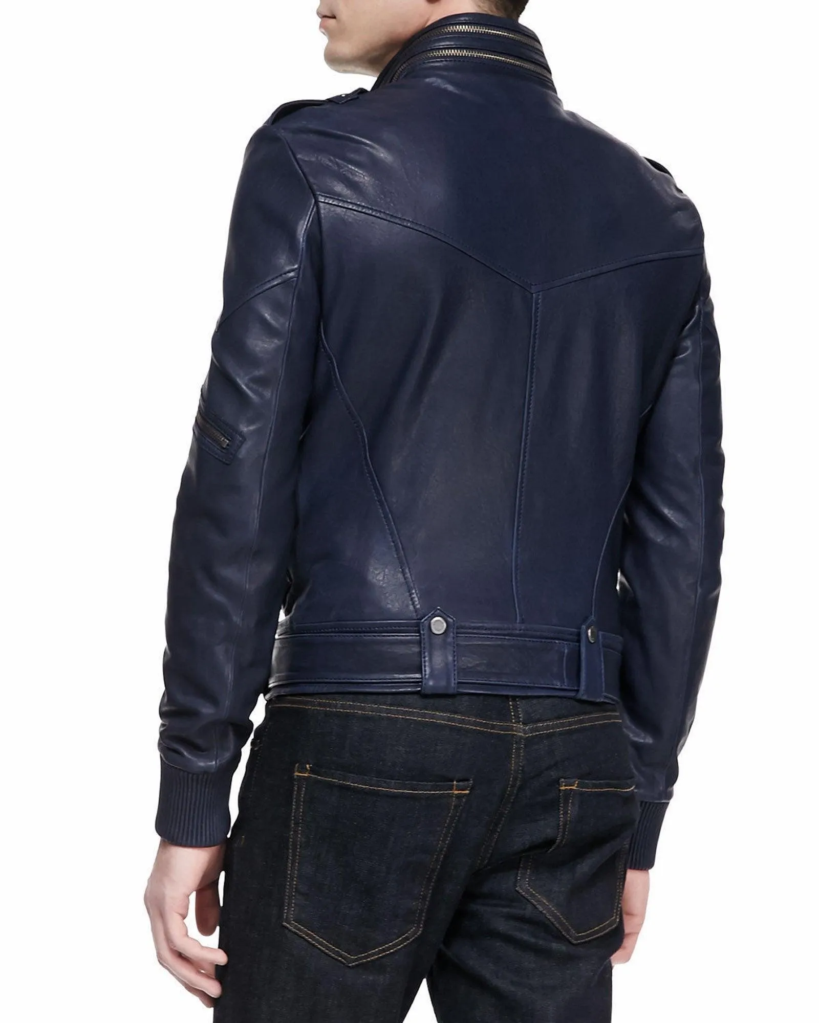 Men's Motorcycle Leather Jacket Navy Blue MJ010