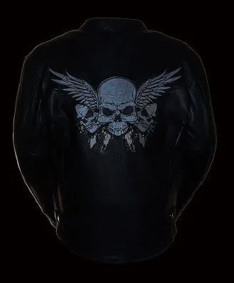 MEN'S MOTORCYCLE REFLECTIVE SKULL LEATHER JACKET WITH WINGS