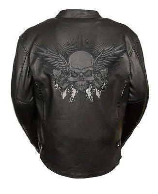 MEN'S MOTORCYCLE REFLECTIVE SKULL LEATHER JACKET WITH WINGS