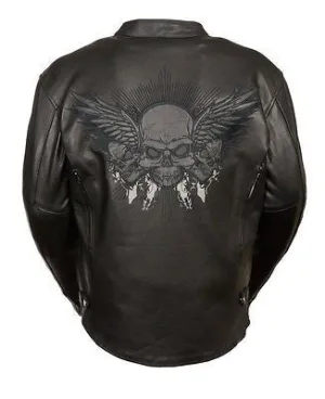 MEN'S MOTORCYCLE REFLECTIVE SKULL LEATHER JACKET WITH WINGS