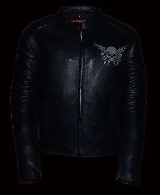 MEN'S MOTORCYCLE REFLECTIVE SKULL LEATHER JACKET WITH WINGS