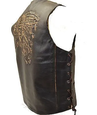MEN'S MOTORCYCLE SIDE LACE RETRO BRN NATIVE AMERICAN EMBOSSED SINGLE PANEL