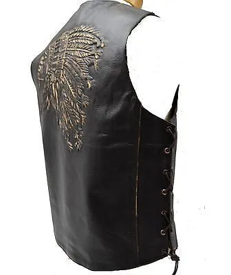 MEN'S MOTORCYCLE SIDE LACE RETRO BRN NATIVE AMERICAN EMBOSSED SINGLE PANEL