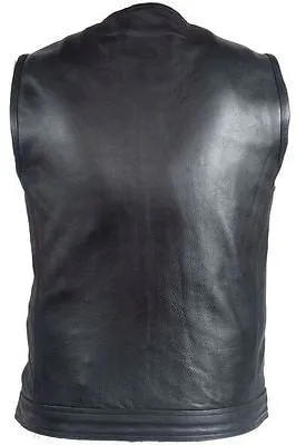 Men's Motorcycle Son Of Anarcy Leather Collarless vest with 2 Gun pockets inside