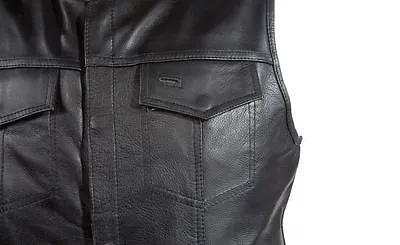 Men's Motorcycle Son Of Anarcy Leather Collarless vest with 2 Gun pockets inside