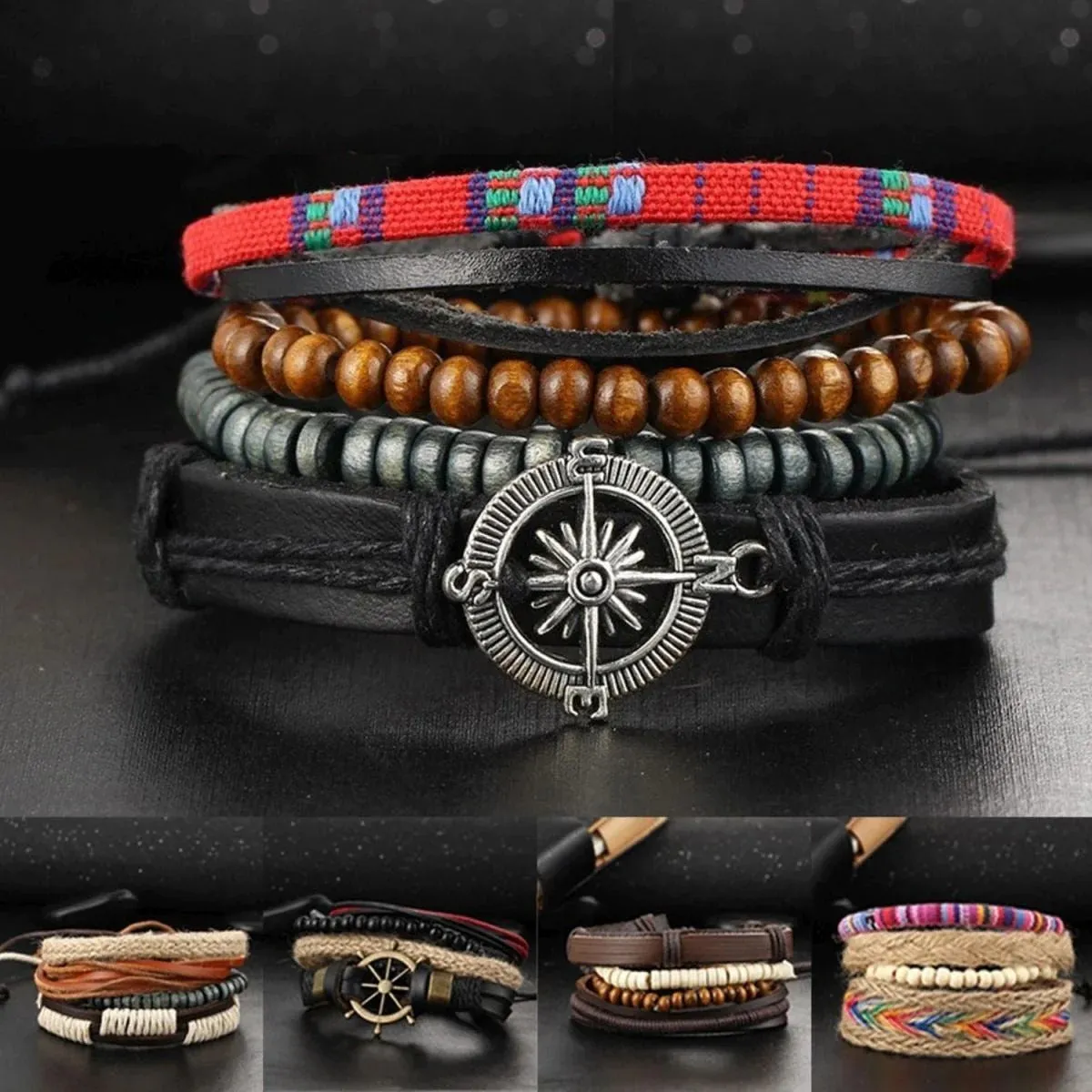 Men's Multi Strand Black Leather Wrist Band Bracelet with Wood Beads