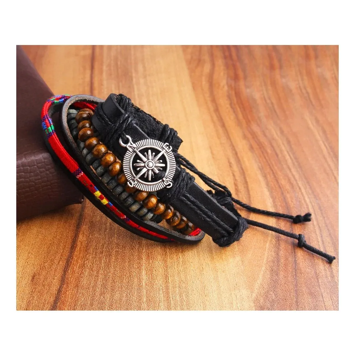 Men's Multi Strand Black Leather Wrist Band Bracelet with Wood Beads