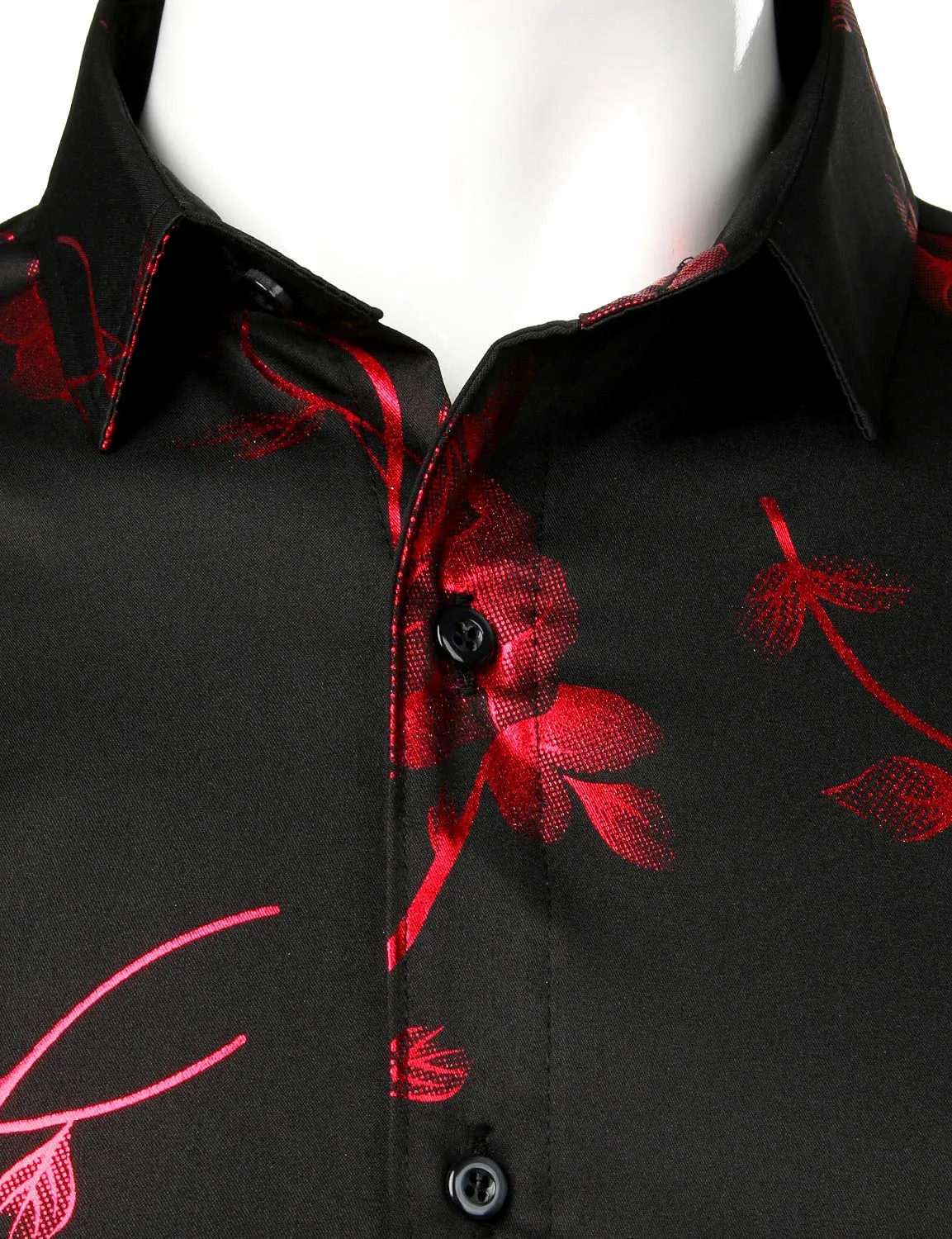 Men's Red Rose Floral Print Long Sleeve Button Up Dress Shirt