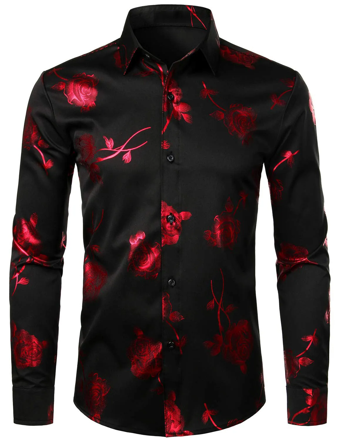 Men's Red Rose Floral Print Long Sleeve Button Up Dress Shirt