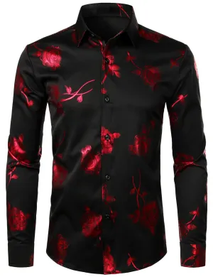 Men's Red Rose Floral Print Long Sleeve Button Up Dress Shirt
