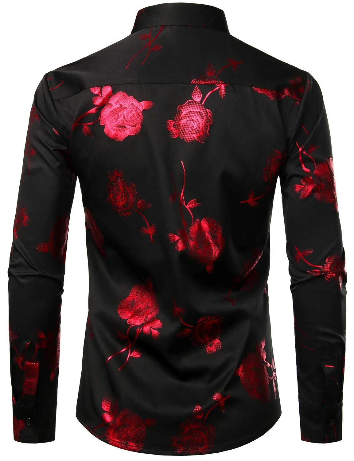 Men's Red Rose Floral Print Long Sleeve Button Up Dress Shirt