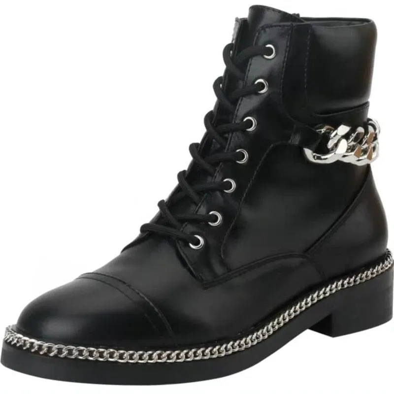 Metal Chain Ankle Boots New Black Genuine Leather Thick Heel Round Toe Zip Low Heel Cool Short Boots Winter Combat Shoes Women