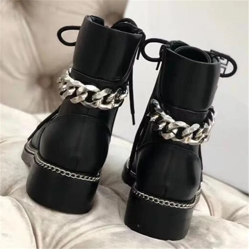 Metal Chain Ankle Boots New Black Genuine Leather Thick Heel Round Toe Zip Low Heel Cool Short Boots Winter Combat Shoes Women