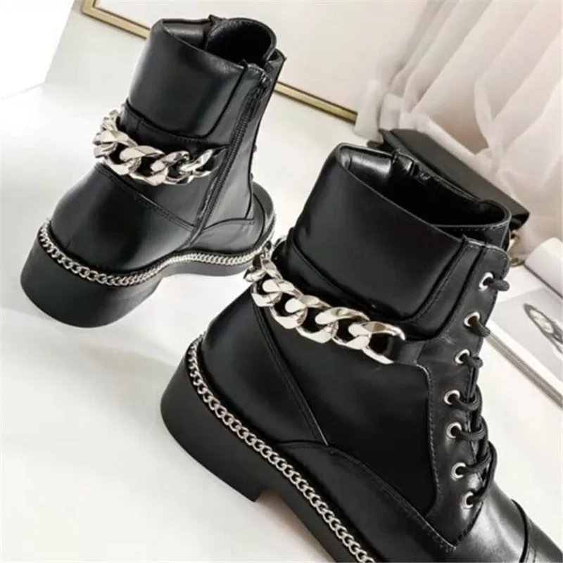 Metal Chain Ankle Boots New Black Genuine Leather Thick Heel Round Toe Zip Low Heel Cool Short Boots Winter Combat Shoes Women