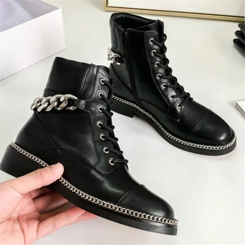 Metal Chain Ankle Boots New Black Genuine Leather Thick Heel Round Toe Zip Low Heel Cool Short Boots Winter Combat Shoes Women