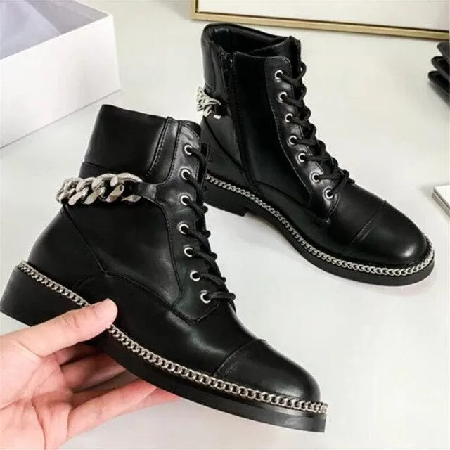 Metal Chain Ankle Boots New Black Genuine Leather Thick Heel Round Toe Zip Low Heel Cool Short Boots Winter Combat Shoes Women