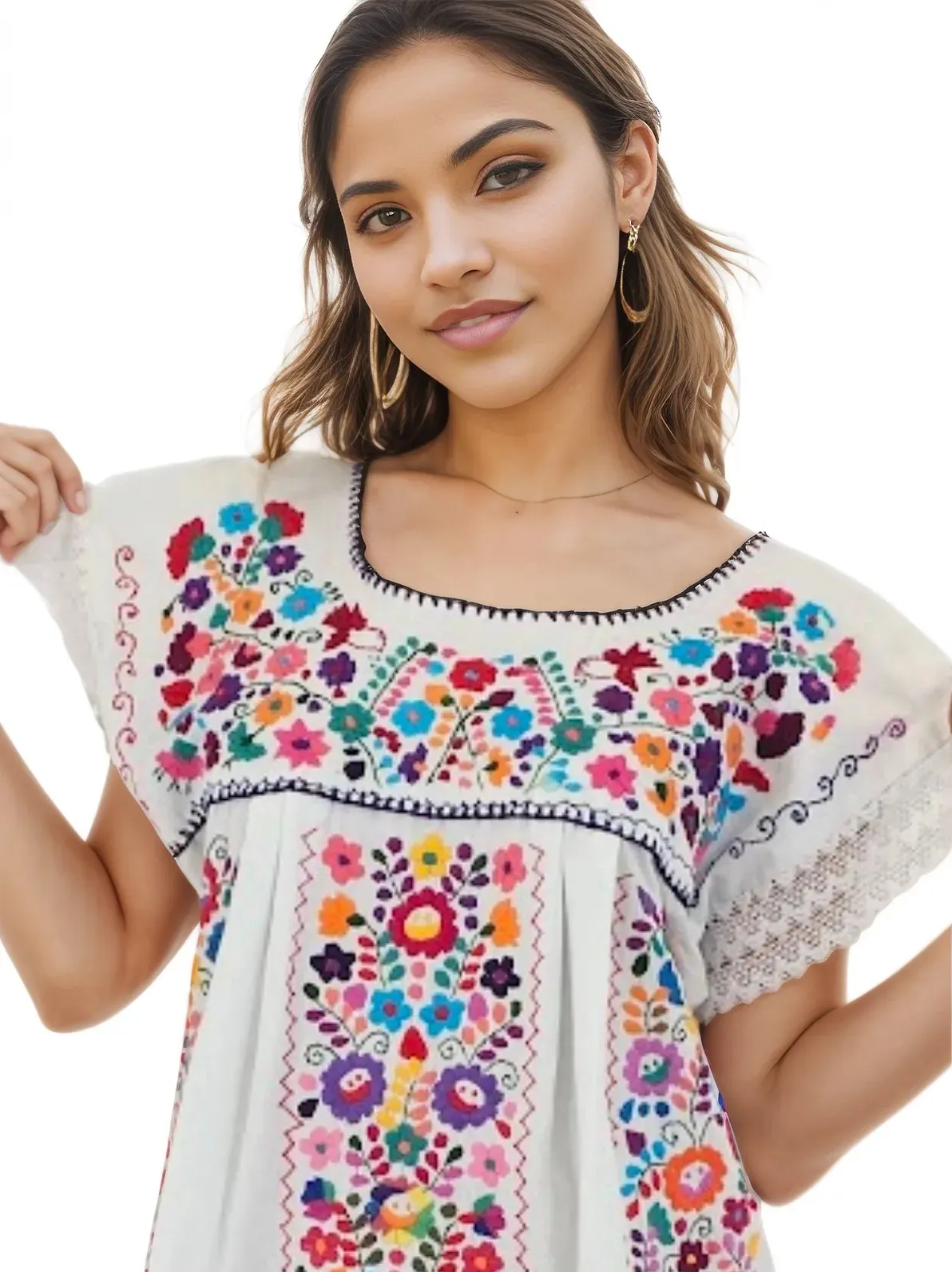 Mexican Folkloric Embrodered Huipil White