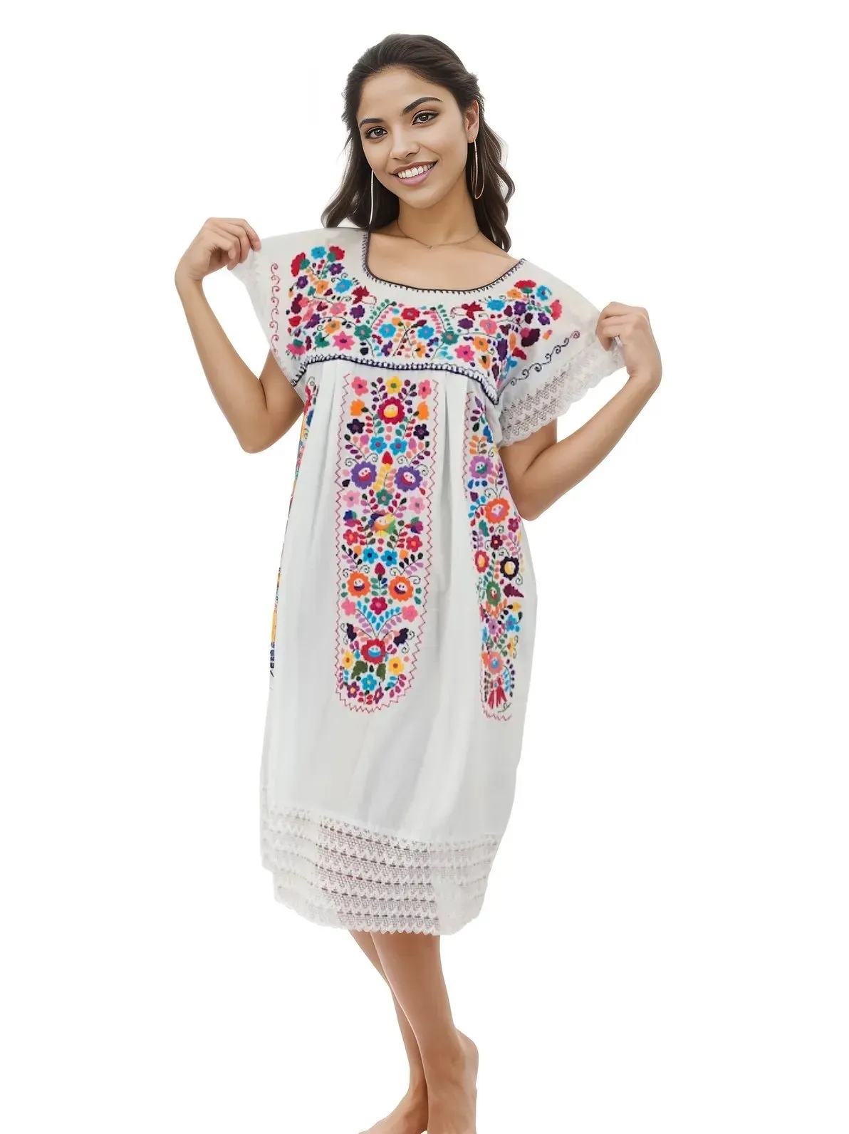 Mexican Folkloric Embrodered Huipil White