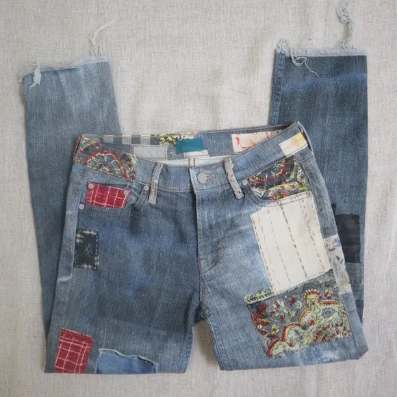 MOTHER Patchwork Skinny Fray Jeans