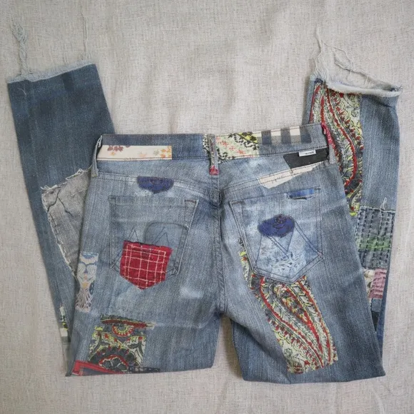 MOTHER Patchwork Skinny Fray Jeans