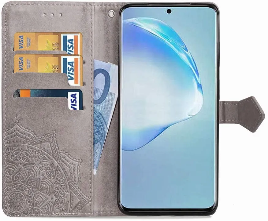 MRSTERUS Leather case Galaxy S20 Plus case Mandala Embossed Premium PU Leather Shockproof Magnetic Closure Flip Kickstand Protective case with Card Slot case for Galaxy S20 Plus Case Gray SD