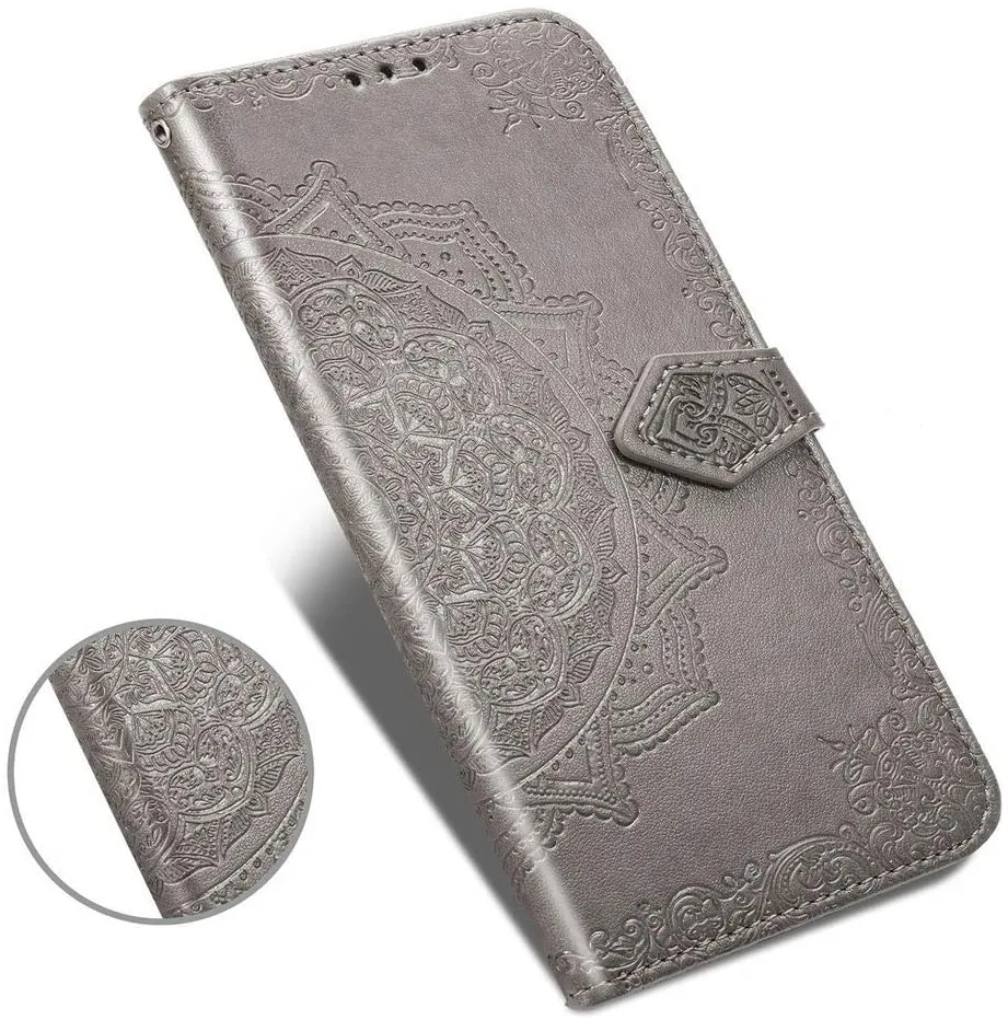 MRSTERUS Leather case Galaxy S20 Plus case Mandala Embossed Premium PU Leather Shockproof Magnetic Closure Flip Kickstand Protective case with Card Slot case for Galaxy S20 Plus Case Gray SD