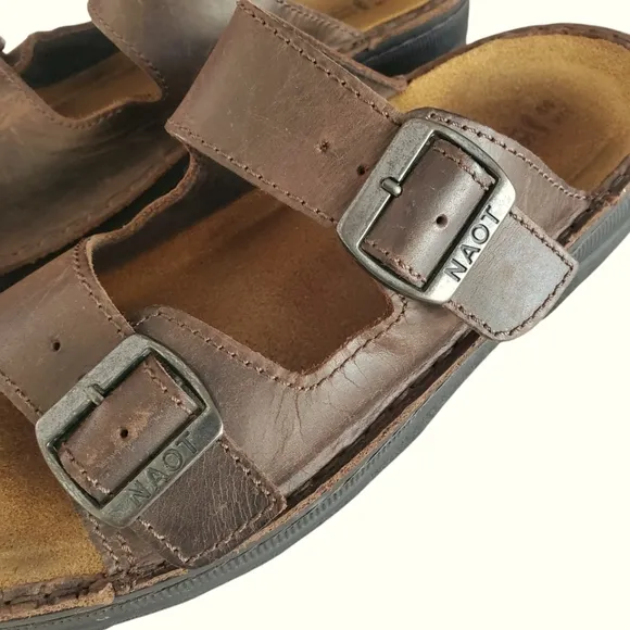 NAOT Mikael Buffalo Brown Leather Double Strap Buckle Slide Sandal Men's Size 11