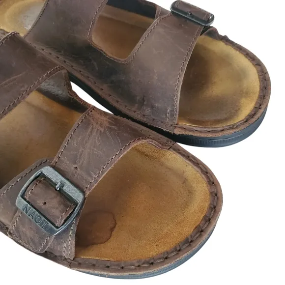 NAOT Mikael Buffalo Brown Leather Double Strap Buckle Slide Sandal Men's Size 11