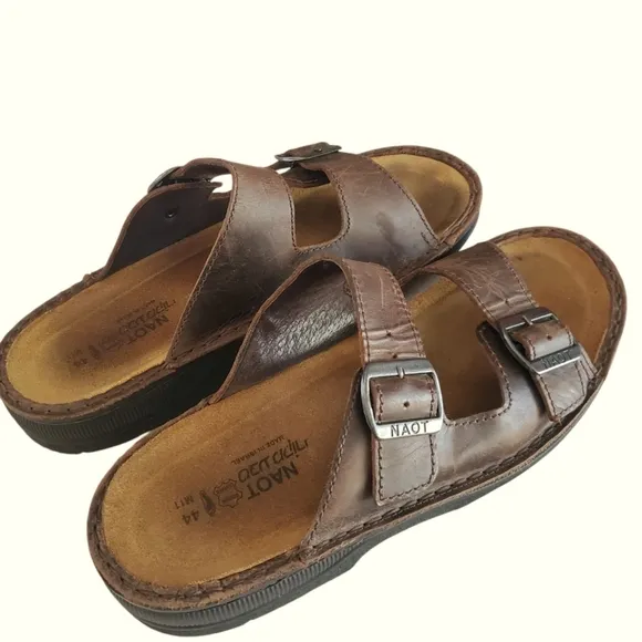 NAOT Mikael Buffalo Brown Leather Double Strap Buckle Slide Sandal Men's Size 11