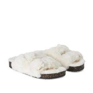 New George Womens Slides Slippers Open Toe Fur Plush Lining Cork Fuzzy Sandals Indoor Outdoor Slip on Cozy House Shoes, White, Sz 11