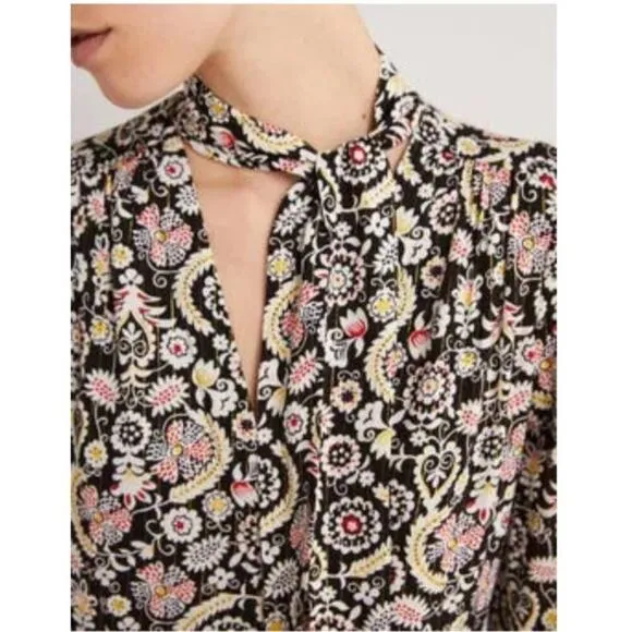 NWT Boden Tie Neck Mini Dress in Black Tropic Charm Print Size 2