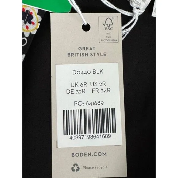 NWT Boden Tie Neck Mini Dress in Black Tropic Charm Print Size 2