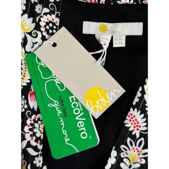 NWT Boden Tie Neck Mini Dress in Black Tropic Charm Print Size 2