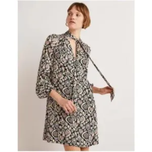 NWT Boden Tie Neck Mini Dress in Black Tropic Charm Print Size 2