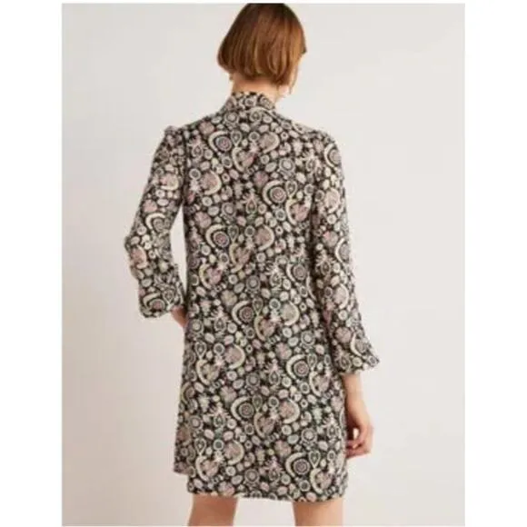 NWT Boden Tie Neck Mini Dress in Black Tropic Charm Print Size 2