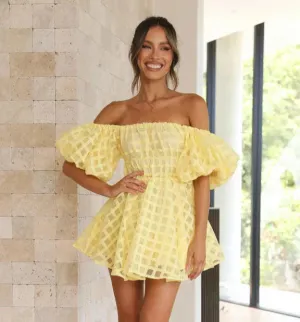 Off-Shoulder Mini Dress | Textured Blend | Puff Sleeve Silhouette