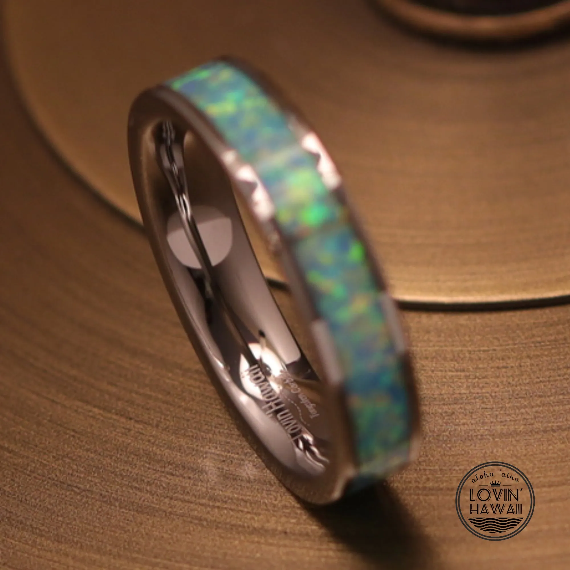 Opal Tungsten Rings With Authentic Light Blue Opal Inlay (4mm width)