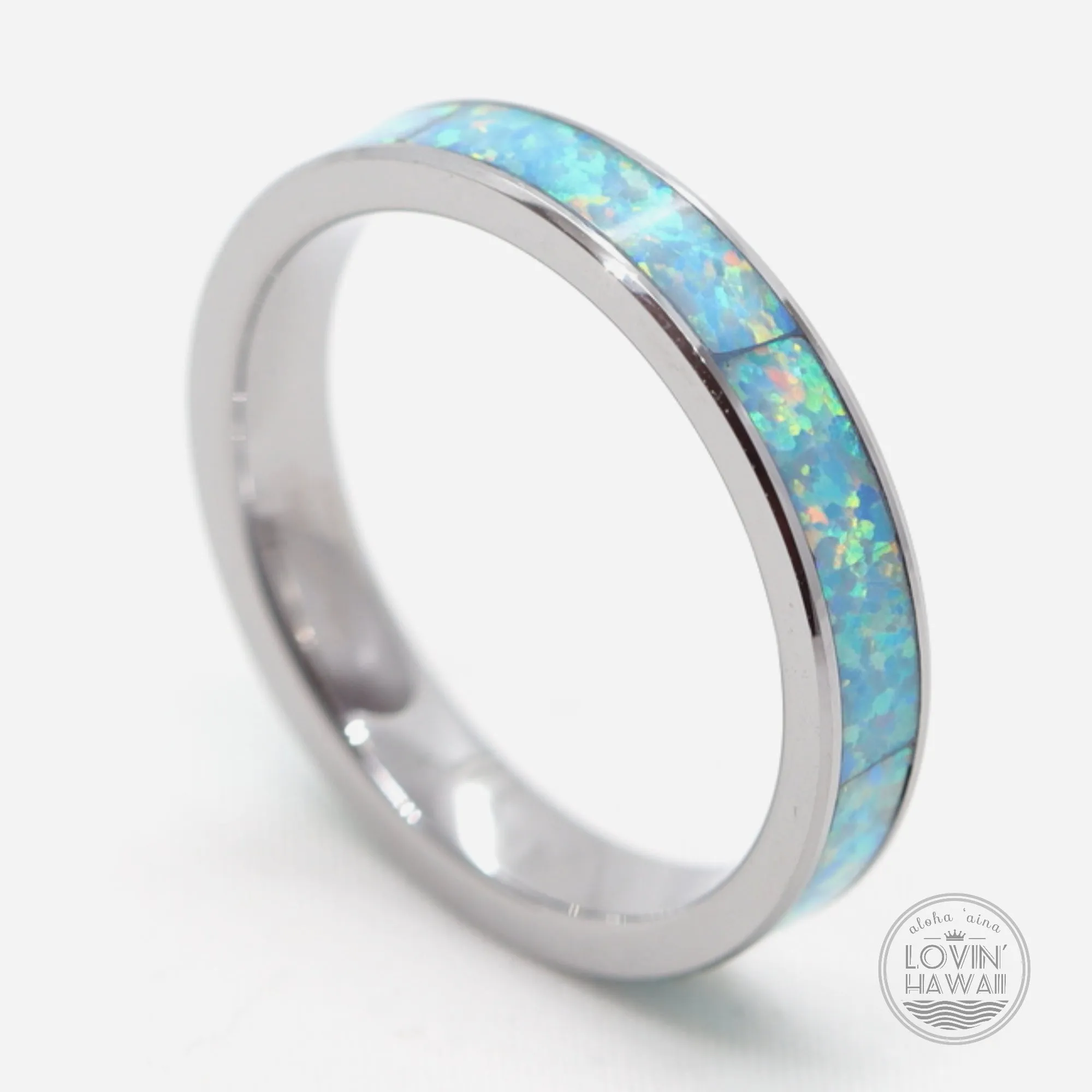 Opal Tungsten Rings With Authentic Light Blue Opal Inlay (4mm width)