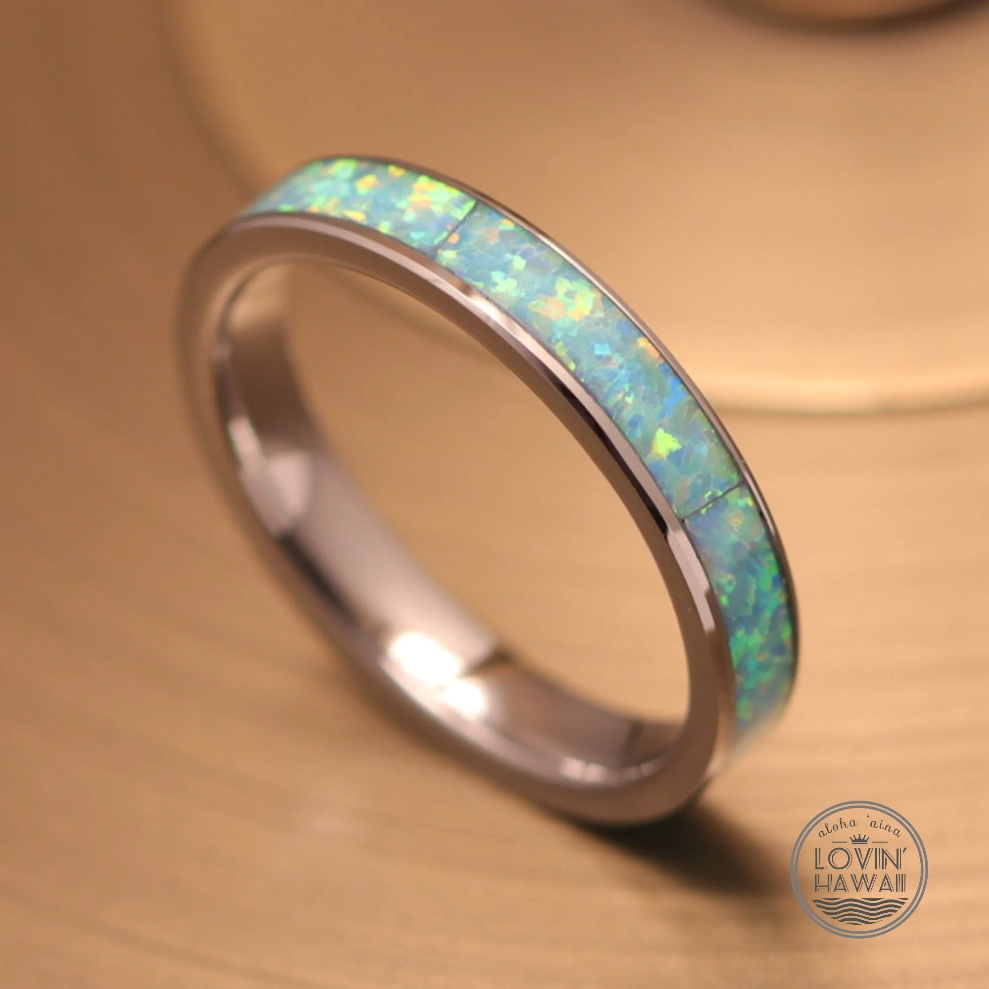 Opal Tungsten Rings With Authentic Light Blue Opal Inlay (4mm width)