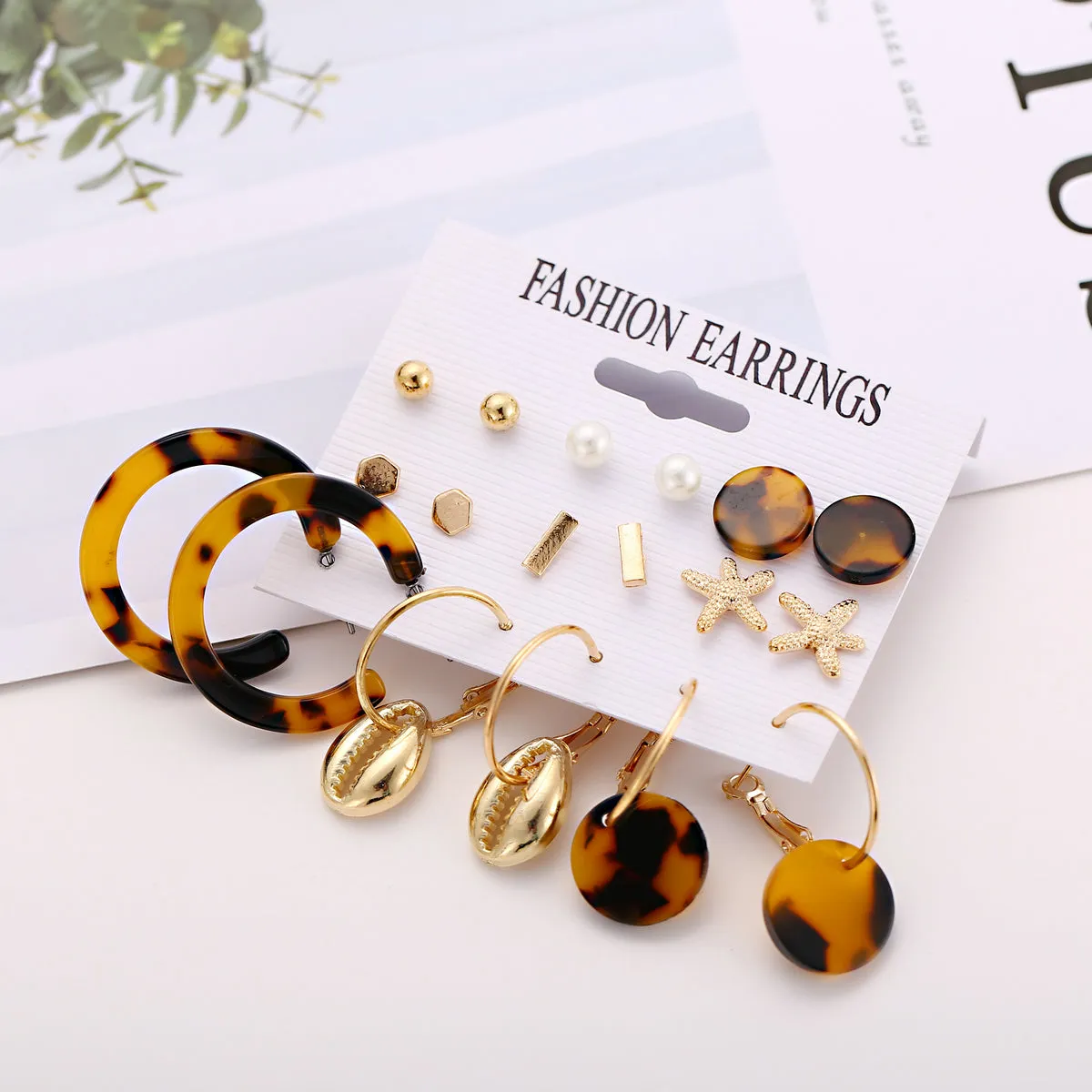 Pearl & Acrylic 18K Gold-Plated Starfish Stud Earrings Set