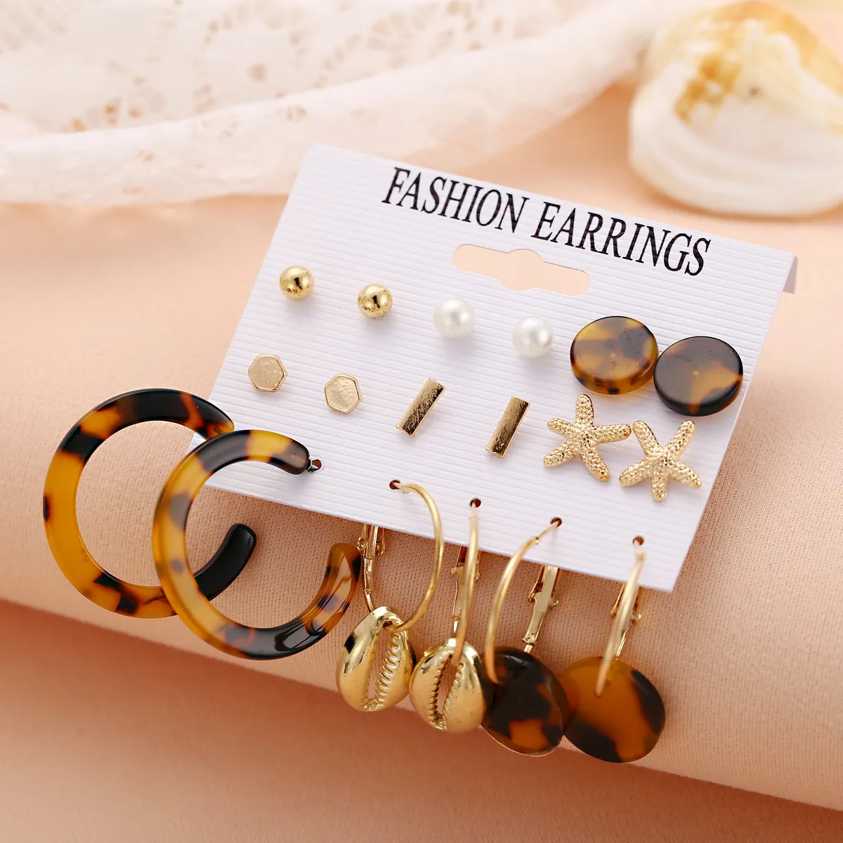 Pearl & Acrylic 18K Gold-Plated Starfish Stud Earrings Set