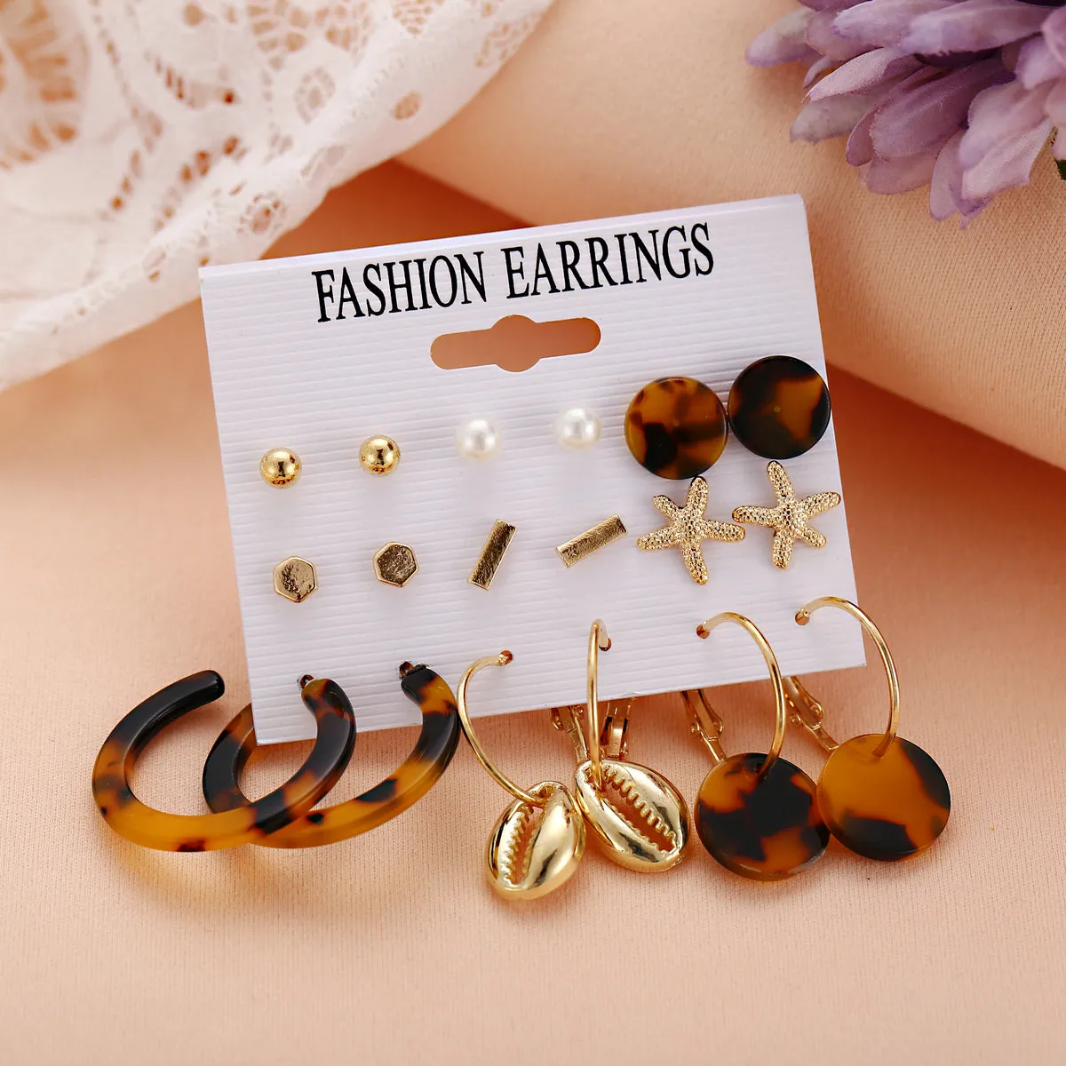 Pearl & Acrylic 18K Gold-Plated Starfish Stud Earrings Set