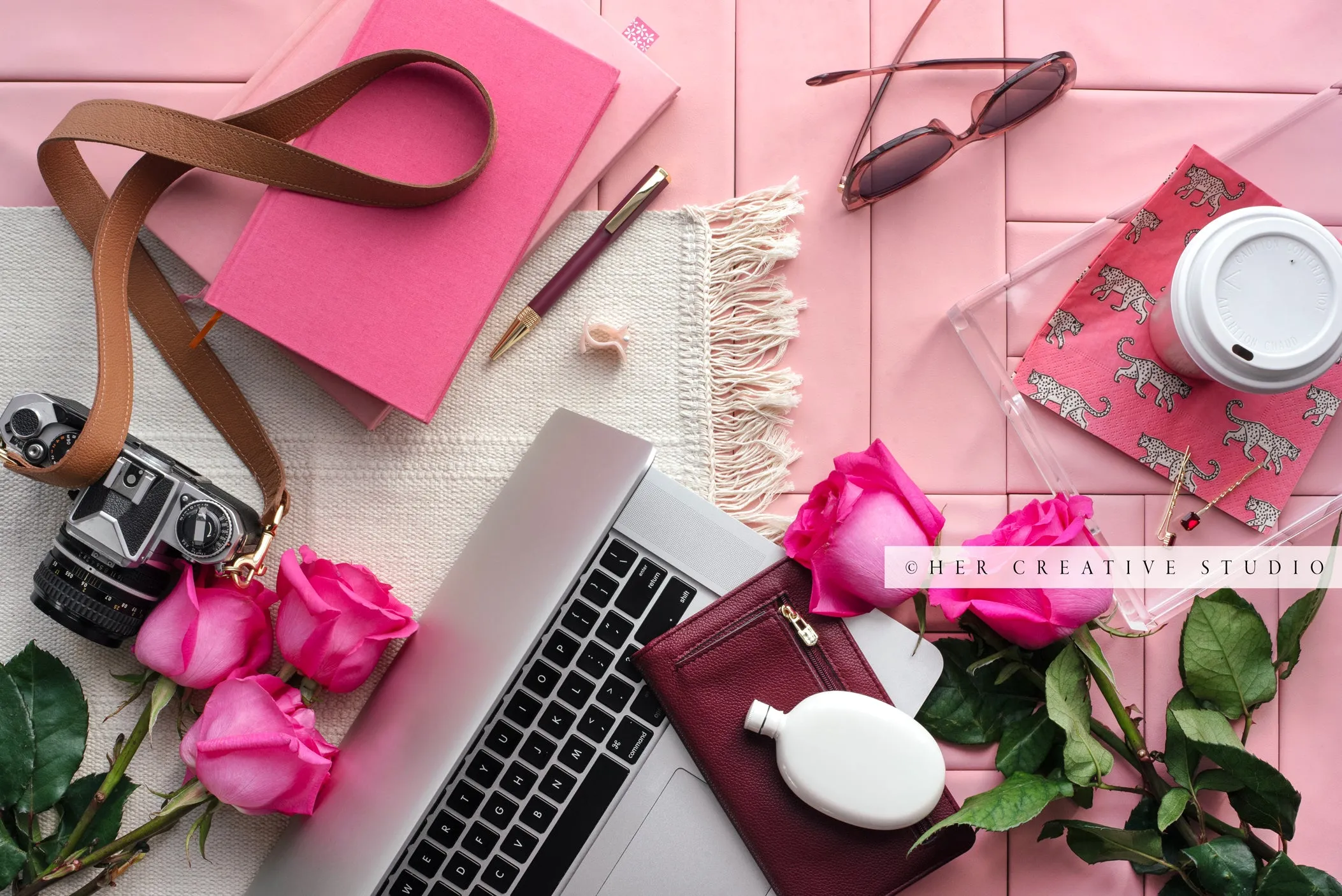Pink Notebook, Coffee & Laptop. Stock Photo